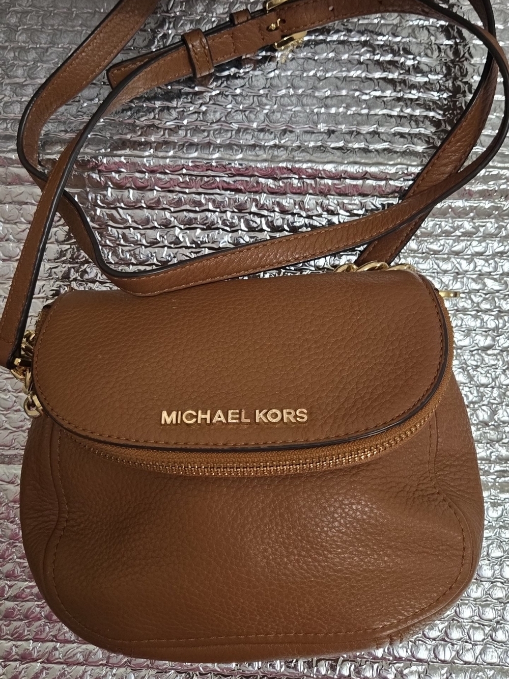 MICHAEL KORS Tan Pebbled Leather Crossbody Saddle Bag